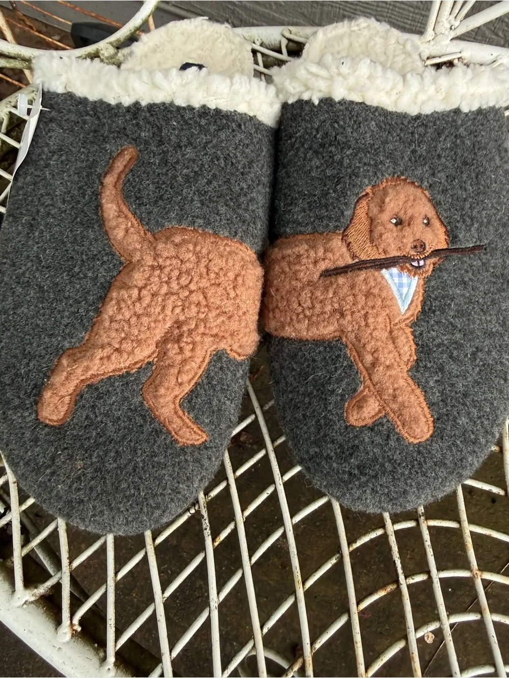 Lands' End Gray Slippers with Brown Embroidered Dog Accent